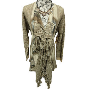 One world knit boho cardigan xxl 2xl fringe tassle western Aztec earthy neutral